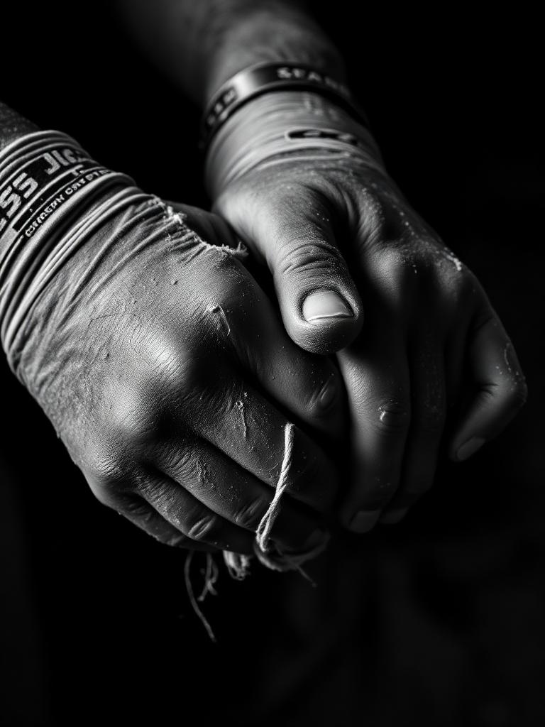 Fighter tightening hand wraps before training